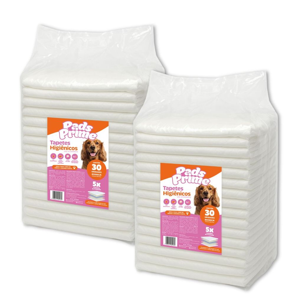 Kit 2 Tapete Higiênico PADS PRIME 80X60 30UN Descartável Ultra Absorvente