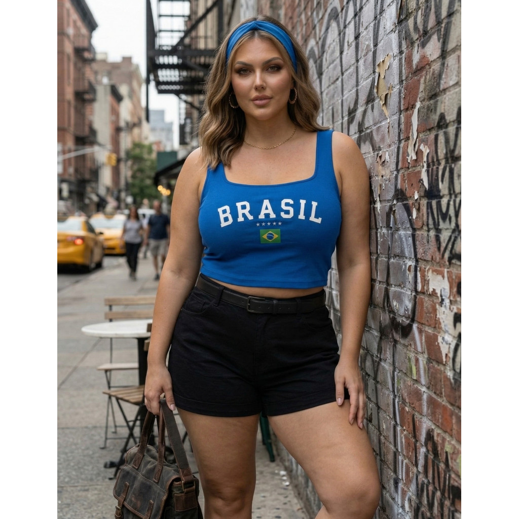 Cropped Feminino Plus Size Brasil Copa do Mundo 2026 Suplex Premium Forrado G ao G2 + Brinde Faixa de Cabelo