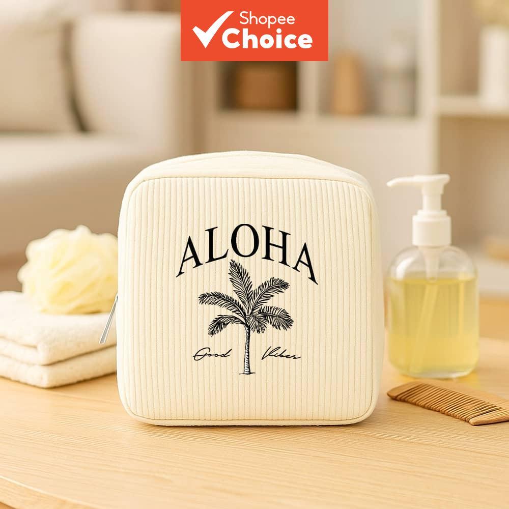  Aloha Print Travel Pouch - Bolsa de Cosméticos com Design de Folhas Tropicais de Palmeira, Ideal para Praia de Verão,