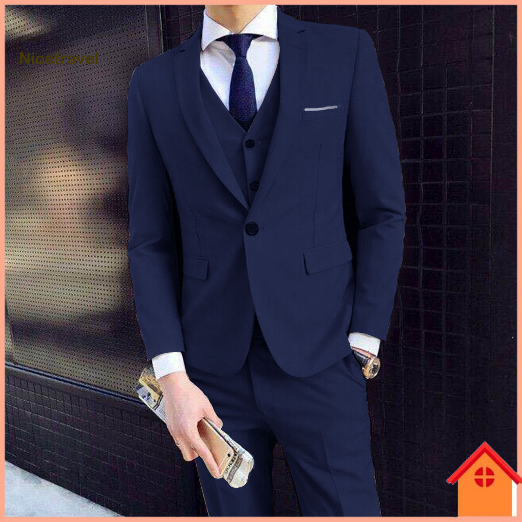 Men Wedding Suit Business Meeting Attire Men's Formal Set Slim Fit Vest Coat Pants Solid Color Turn-down Collar Anti-wri
