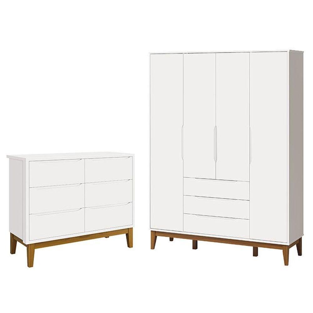 Cômoda Infantil 6 Gavetas Com Guarda Roupa Classic Elfe Branco Acetinado Com Pés Madeira - Reller