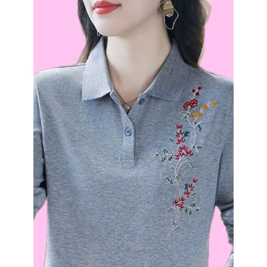 Camisa polo bordada de manga comprida feminina primavera outono estilo ocidental mãe camiseta algodão solto All-Match Bo