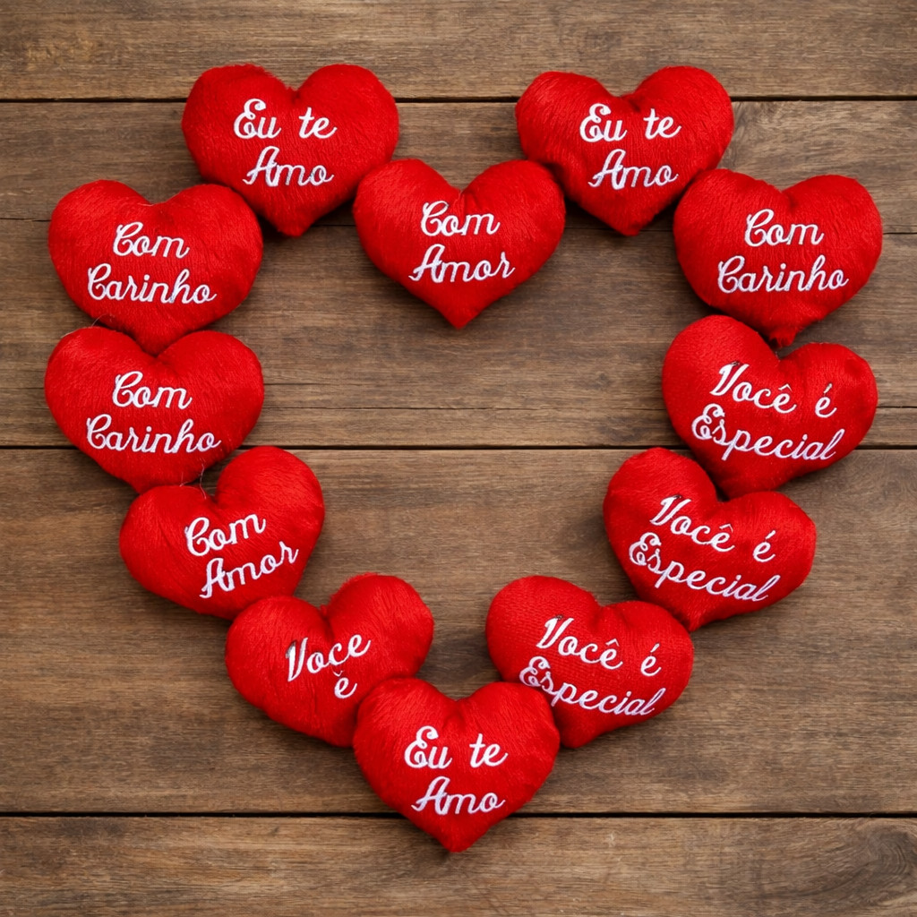 Combo 12 corações de pelúcia 10 cm - frases sortidas e eu te amo — imagem 2 de 2