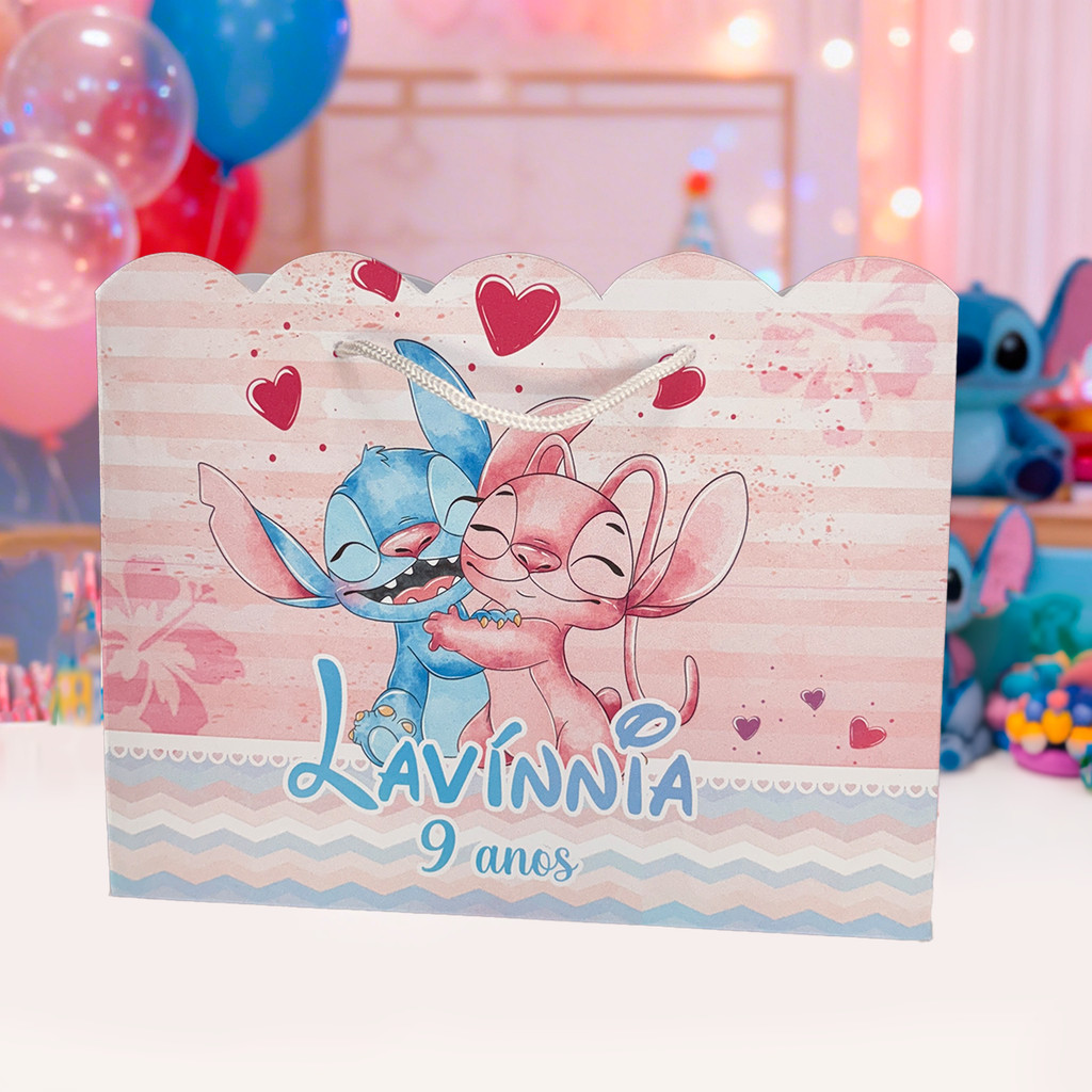 Sacolinha Grande Stitch e Angel Aquarela -  Festa Aniversário Infantil Personalizada - Lembrancinha