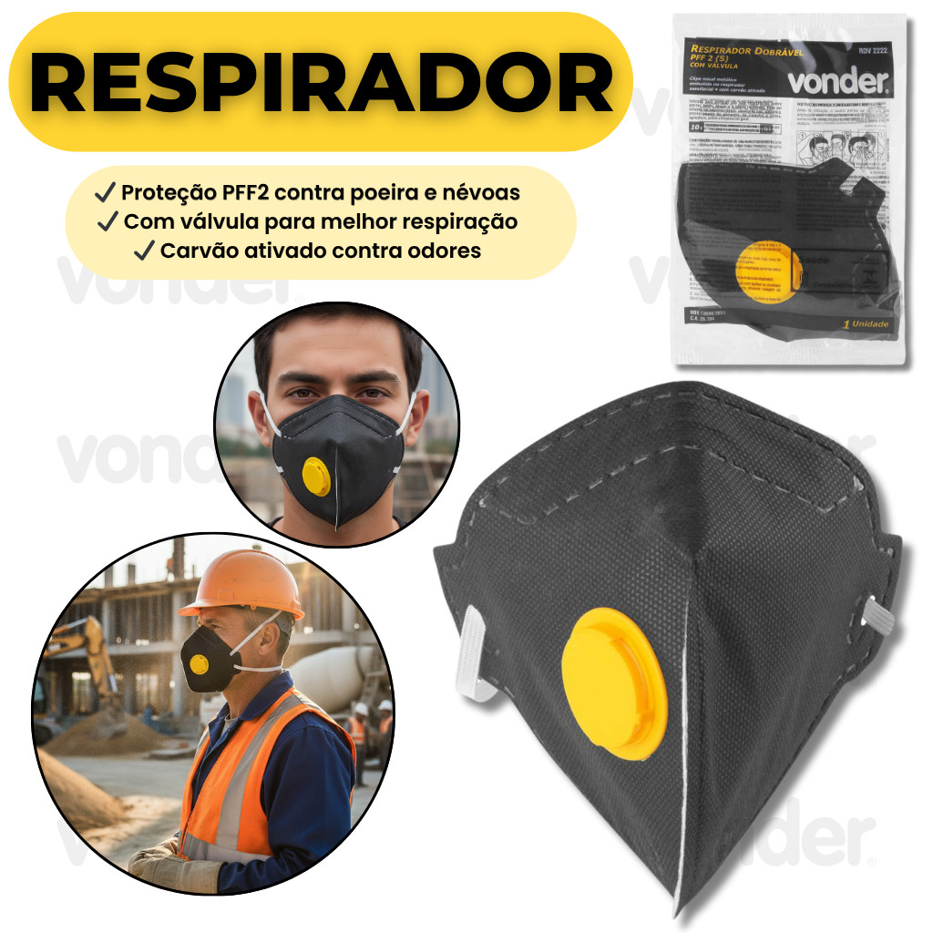 Imagem Respirador PFF2 Vonder Com Valvula Carvao Ativado Proteção Poeira Fumos Nevoas Conforto Uso