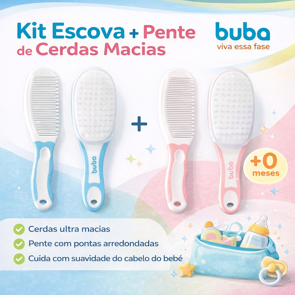 Kit Escova e Pente Buba Cerdas Macias Infantil Bebê Menino Menina Rosa Azul