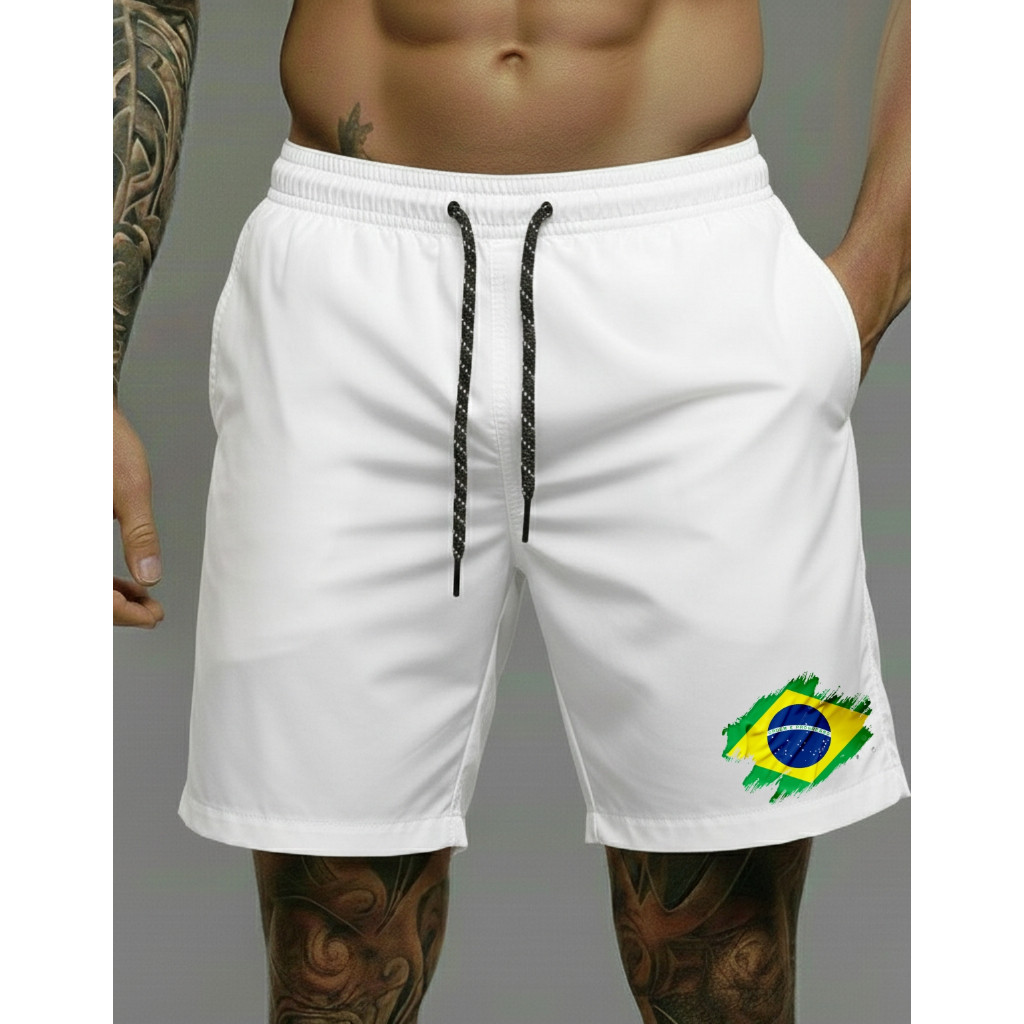 Bermuda Esporte Masculina Brasil 01 Elastano com Cordão Shorts Corrida Ajustável Academia Jogo