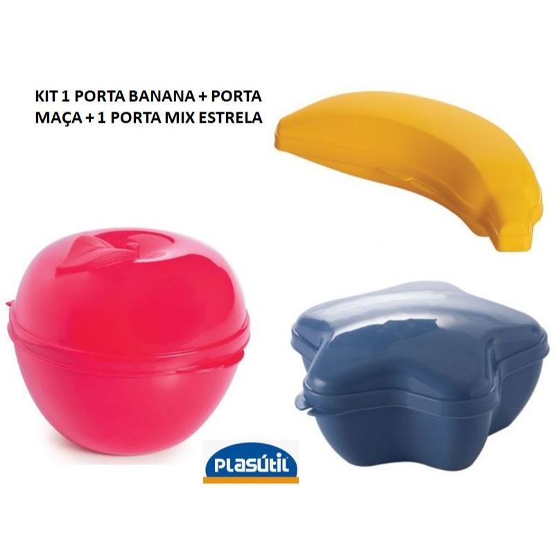 Kit 03 Potes Porta Mix Banana/Maçã/Estrela Plasutil lanche escola salgadinho frutas Plasútil lanches