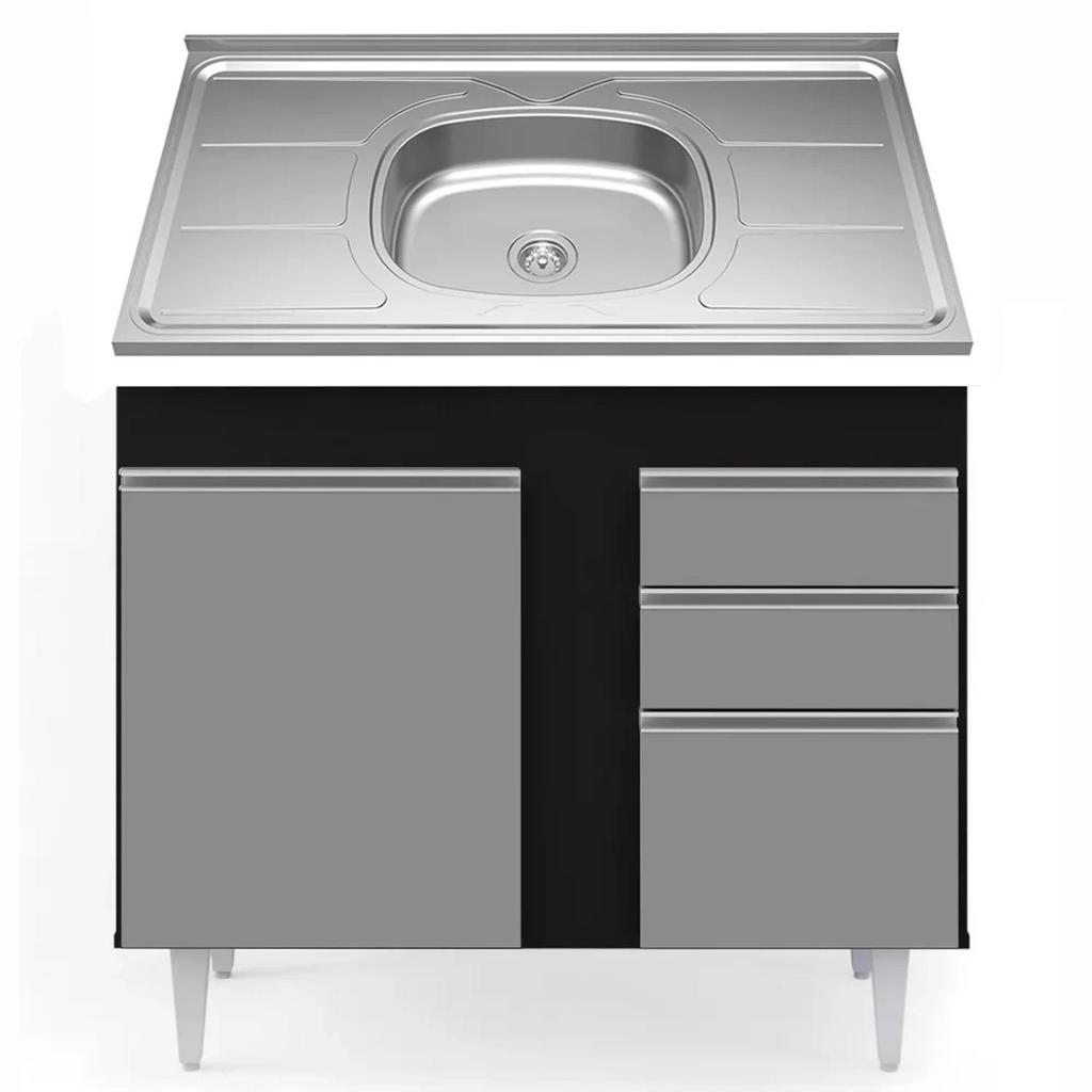 Balcão Gabinete Com Pia Inox 100cm 2 Portas 2 Gavetas Luziania Preto/Cinza - Lumil