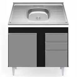 Balcão Gabinete Com Pia Inox 100cm 2 Portas 2 Gavetas Luziania Preto/Cinza - Lumil