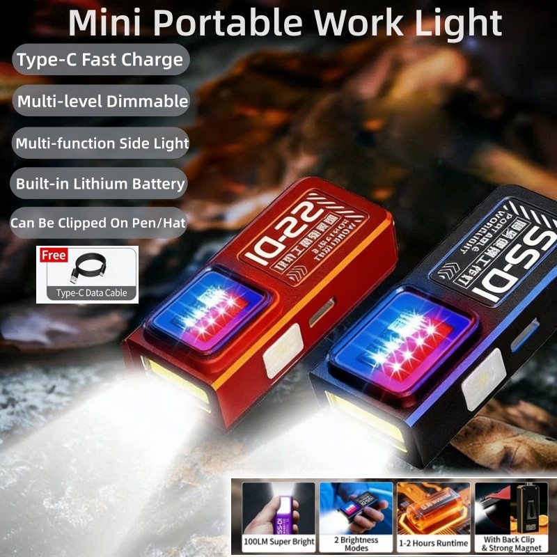[2PCS] Mini Luz De Trabalho Portátil De 600mAh USB-C Recarregável EDC Tocha Com Clipe De Tampa Estroboscópio De Emergênc