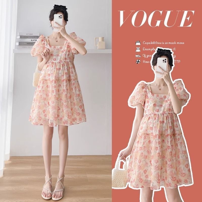 Mulheres grávidas Floral saia curta pequena solta manga Puff francês moda High-End vestido de mulheres grávidas