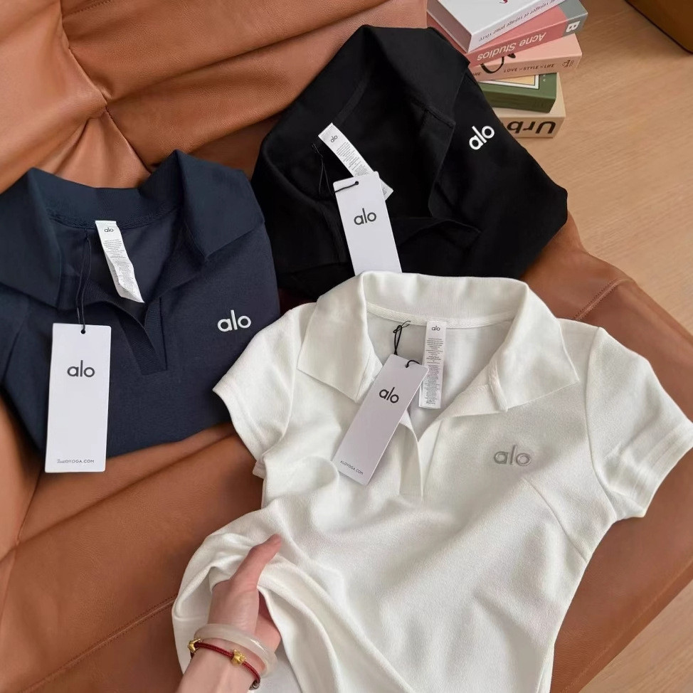 A alo2025 novo estilo lapela polo camiseta de manga curta feminina ombro genuíno fino ajuste mais magro olhar cor sólida