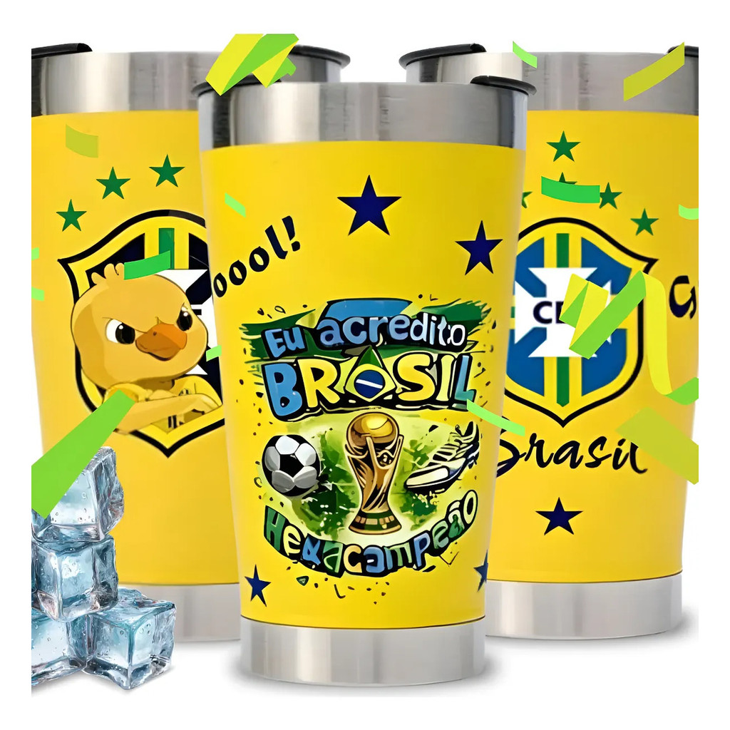 Copo Térmico Com Tampa 473ml Aço Inox Copa Do Mundo Brasil Hexa Desenho Brasil Sortidos