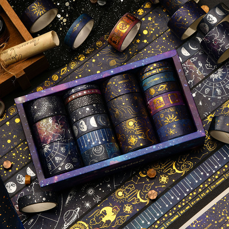 20 Rolos de Washi Tape com Efeito Bronzeado em uma Caixa, Série Céu Estrelado Vasto, Conjunto de Adesivos para Decoração