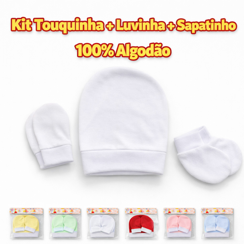 Kit Recém Nascido Bebê Touca Luva E Sapatinho Algodão Macio Enxoval Maternidade