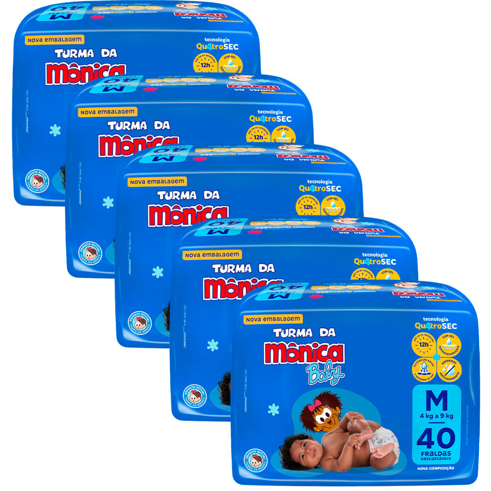 Kit 5 Fraldas Turma Da Mônica Mega M - 200 Tiras