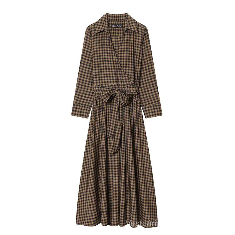 2025 Novo Vestido de Moda Feminina com Camisa Xadrez, Vestido Longo com Cinto, Vestidos Chiques, Vestido Casual de Manga