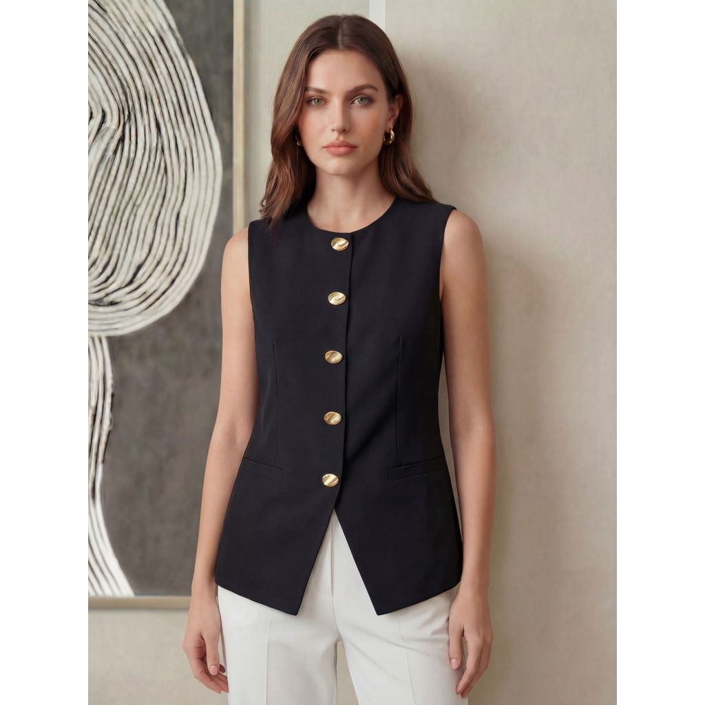 REF: AS1831 - Blusa feminina sem mangas, com decote redondo, frente aberta, botões metálicos e bolsos decorativos.