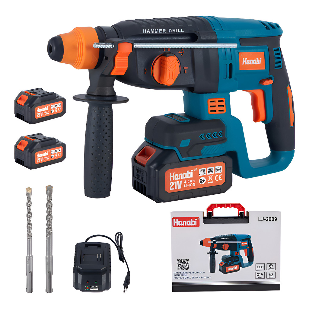 Martelete Rotativo Rompedor Hanabi 21V 4.0Ah SDS Plus 26mm Sem Fio Profissional 3 Funções 2 Baterias em Oferta na Shopee