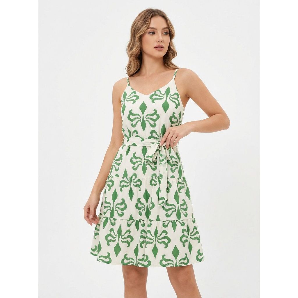 Vestido Feminino Curto Alça Fina Estampado Crepinho com Amarração na Cintura em Oferta na Shopee