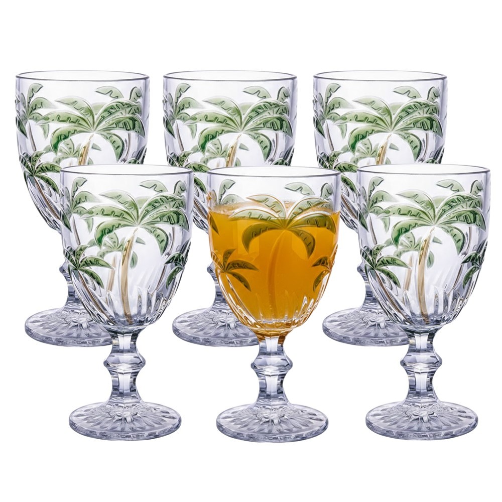 Jogo 6 Taça de Coqueiro Palm Tree Vidro Transparente com Desenho Palmeira Class Home 300ml