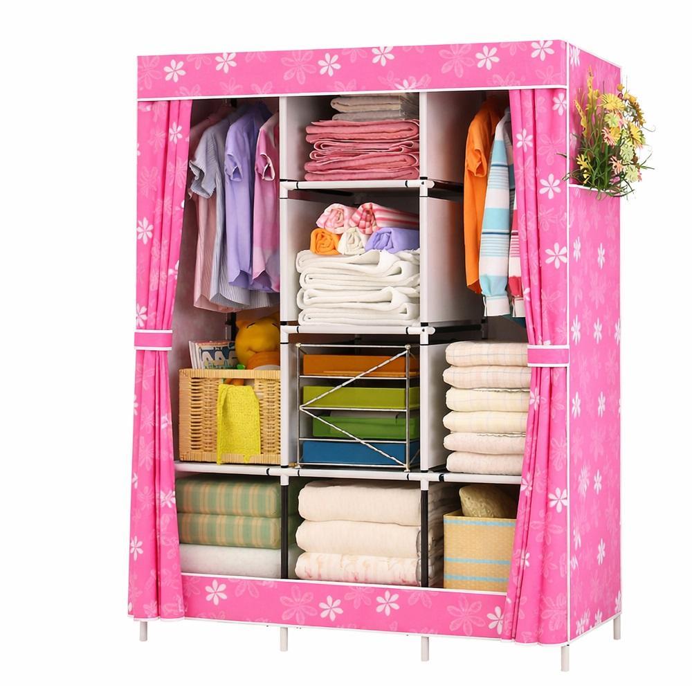 Guarda roupa portátil rosa com 9 prateleiras organizador de roupas sapatos brinquedos