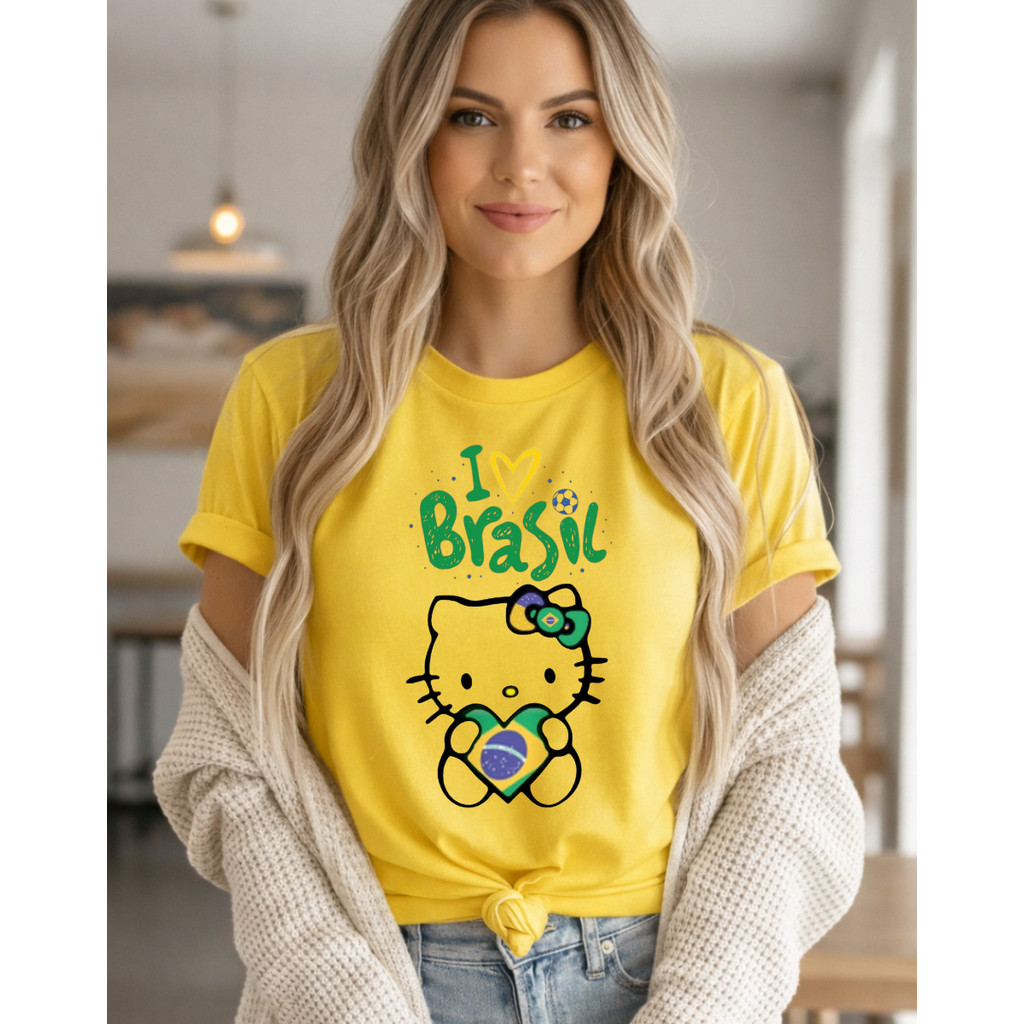 Camiseta Feminina Algodão T-Shirt 100% Algodao Camiseta Blusa Hello Y Love Brasil Futebol