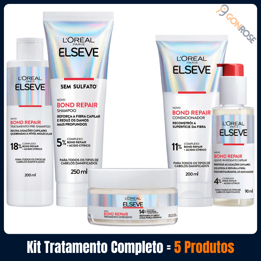 Pré-Shampoo Elseve Bond Repair 200ml + Shampoo 250ml + Máscara 200g + Condicionador 200ml + Leave-In 90ml (Kit Completo)