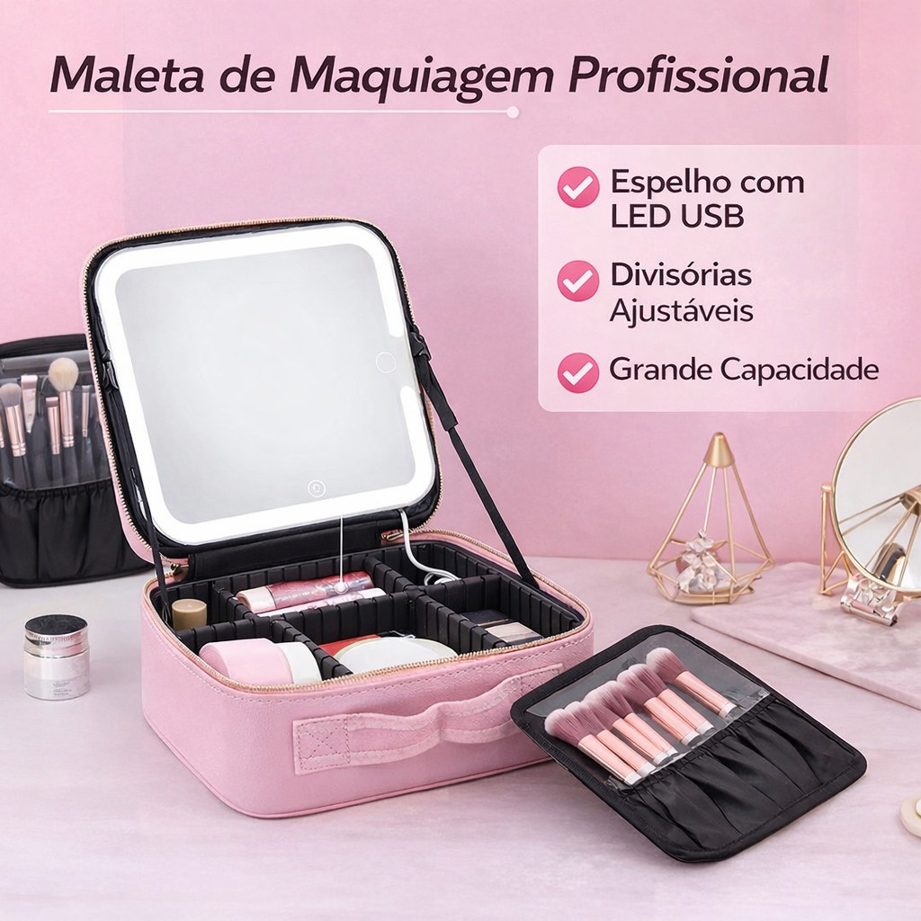 Maleta de Maquiagem Profissional com Espelho e Luz LED USB – Estojo Makeup com Cabo