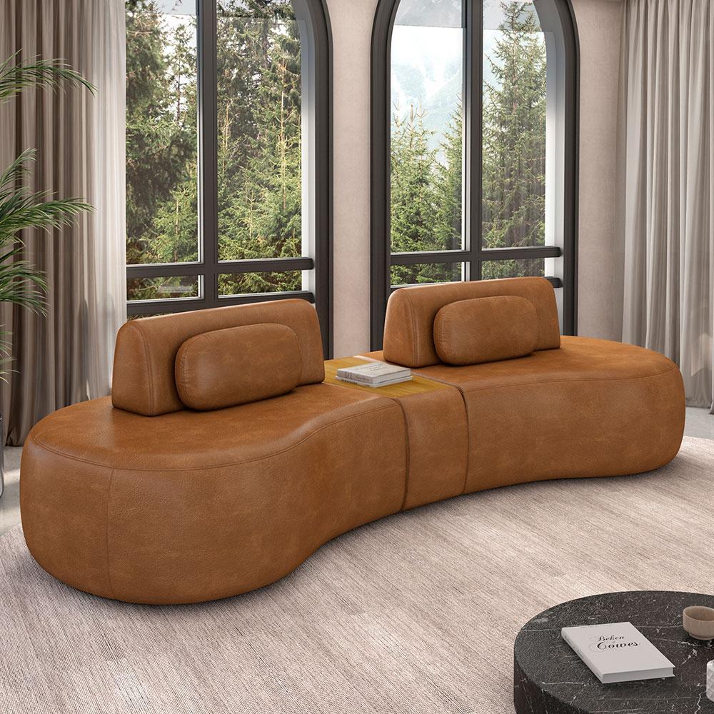 Imagem Sofá Sala de Estar Modulado França 302cm com Encosto Articulável Mesa Central e Almofadas PU Caramelo G45 - Gran Belo