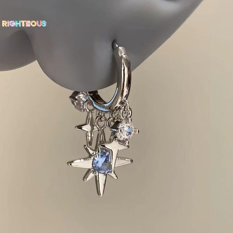 Rightrous Azul Zircão Estrela De Oito Pontas Pingente Brincos Para Mulheres Cor Prata sel Orelha Bule Y2K Jóias Presente