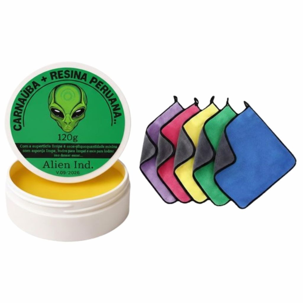 Cera Alien Polimento Queimado Riscos Carnauba Automotiva e Flanela Dupla Face Especial Polimento