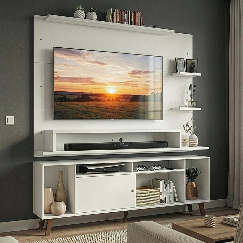 Rack Com Painel Para Tv Até 60 Polegadas 180 Cm Com Pés Branco/rustic Cancun Madesa Branco/rustic