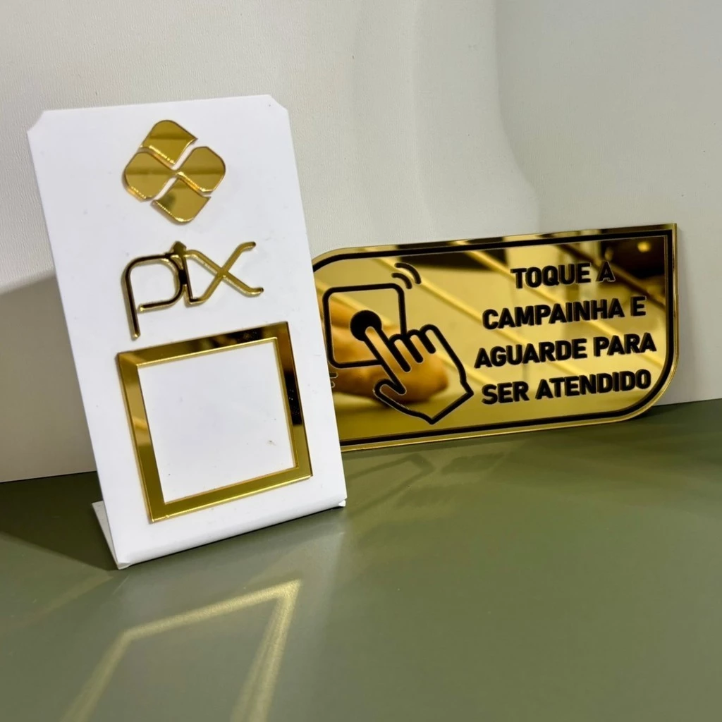 Kit Sinalização De Balcão: Placa Pix Qr Code + Placa Campainha Acrílico Espelhado — imagem 1