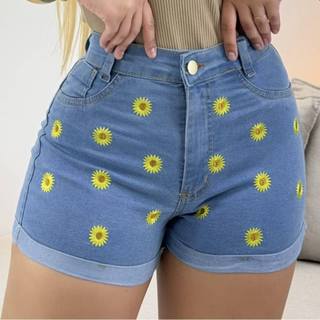 Short jeans feminino com bordado girassol, cintura alta, duas cores
