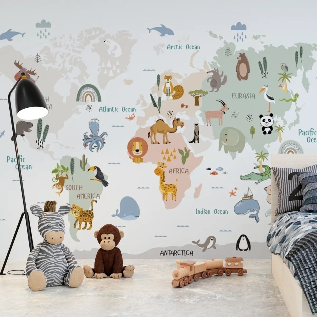 Papel de Parede Mapa Múndi Infantil com Animais por Região Educativo Decorativo