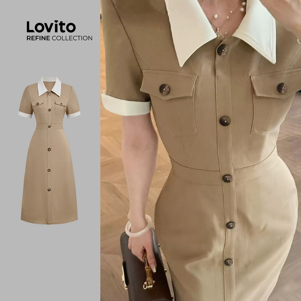 (Lovito Refine) Vestido Elegante com Botões Na Frente Costura de Tecido Primavera/verão Vestido cáqui LR23L140 em Oferta na Shopee