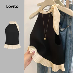 Lovito Casual Blusa Cor em Blocos Babado Na Bainha Fofo Solto Primavera/verão Blusa Preta e Branca Feminina L142ED276