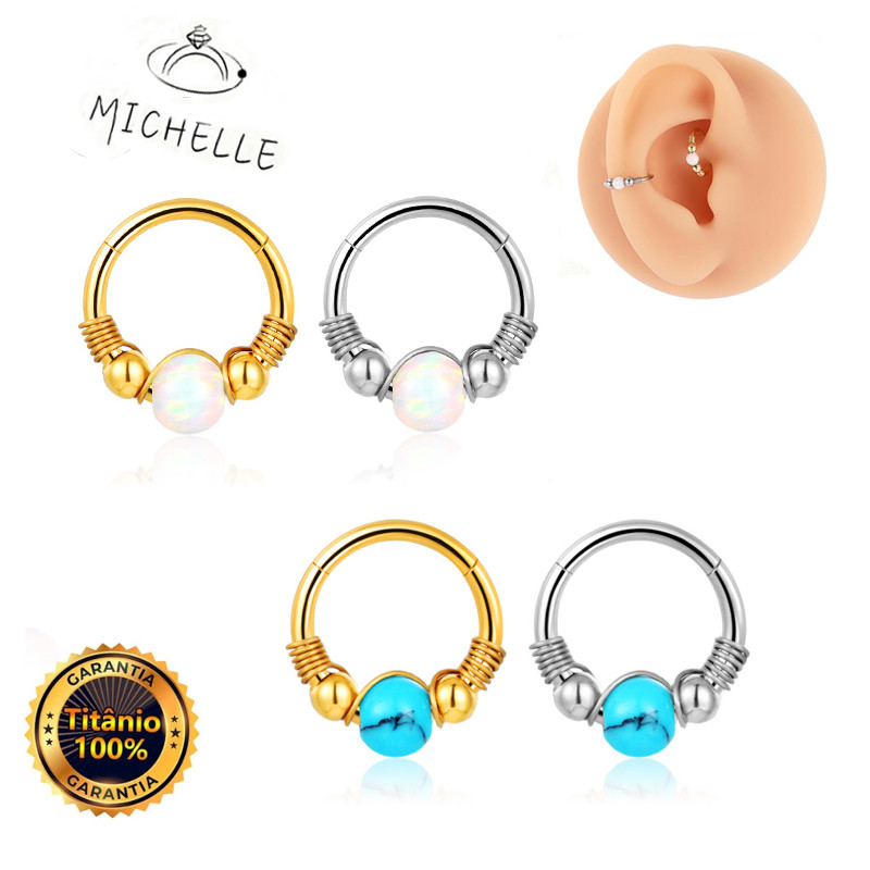 Piercing Argola  Rook Conch Nariz Titânio Detalhada Com Pedra PARA Opala Septril, Rook, Conch, Nariz