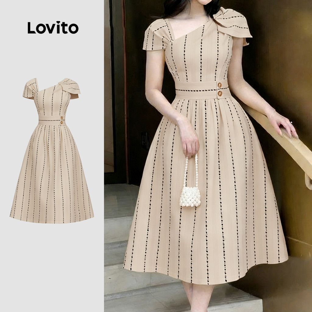 (Elegante) Lovito Vestido com botão assimétrico plissado primavera/verão para mu
