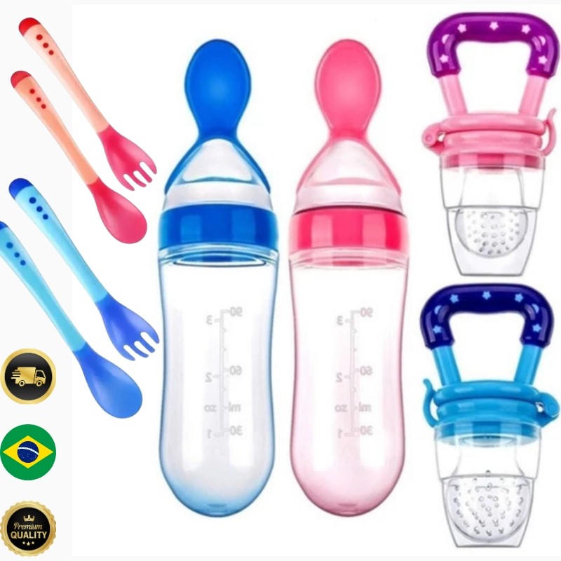 Kit Alimentação Bebê Chupeta Porta Fruta+ Mamadeira Colher Dosadora+ Colher Termossensível | Livre de BPA| Rosa ou Azul em Oferta na Shopee
