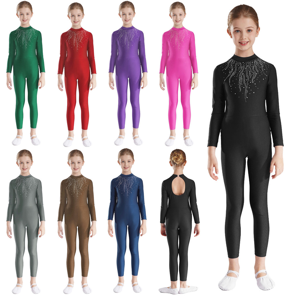 inhzoy Crianças Meninas Strass Brilhantes Macacão De Ginástica Buraco De Fechadura Volta Manga Longa Collant Dança Patin