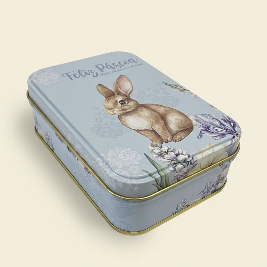 Lata de Metal Retangular de Páscoa - Coelho Flores - Azul - 12,2x8,5x4,5cm - 1 unidade - Rizzo em Oferta na Shopee