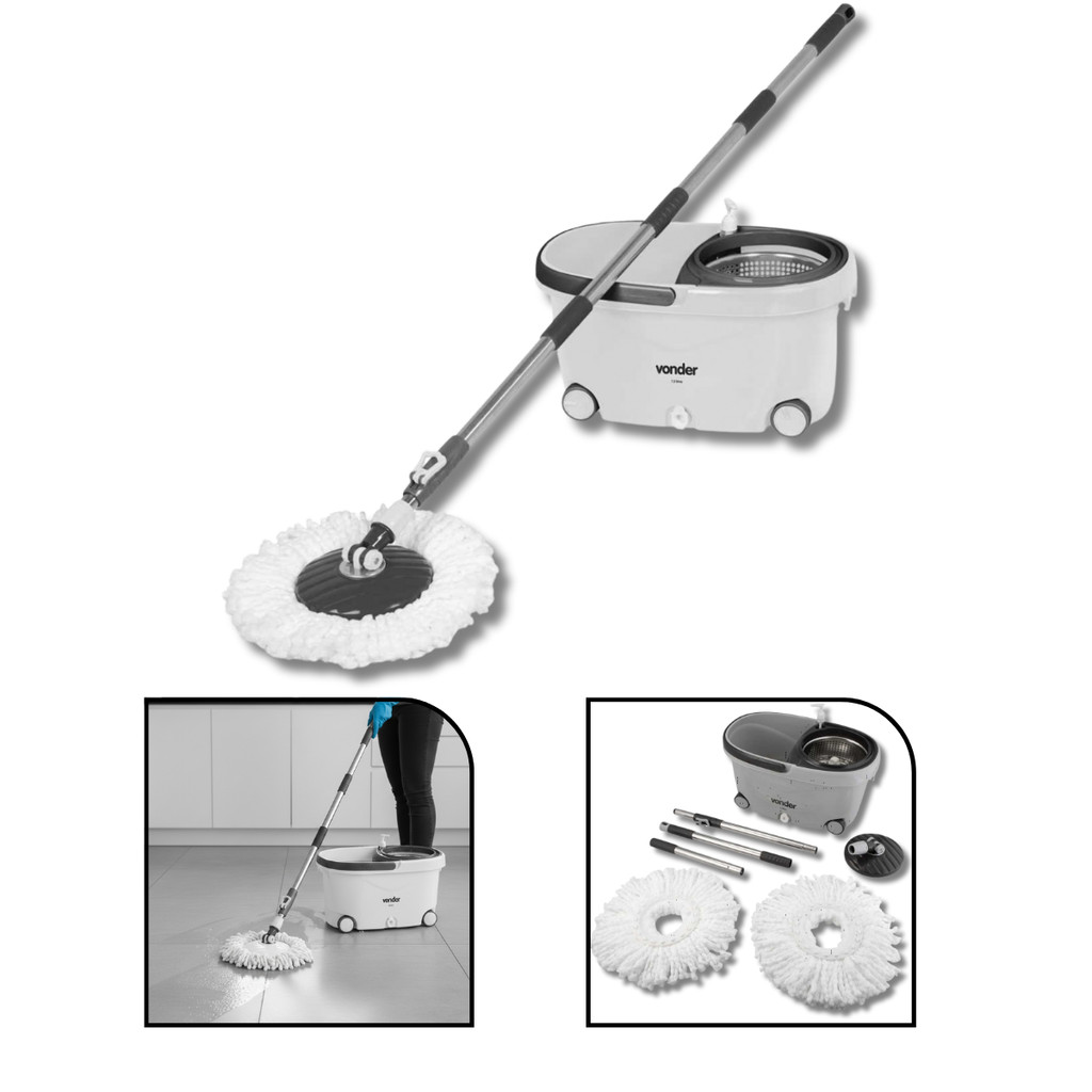 Rodo Mop Giratório 7,5L Aço Inox c/ Rodas e Dispenser Vonder