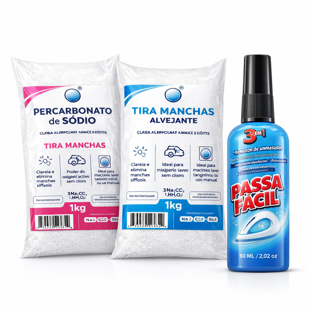 Tira manchas alvejante 1kg + Percarbonato de sódio 1kg + Facilitador Passar Roupas 1Un