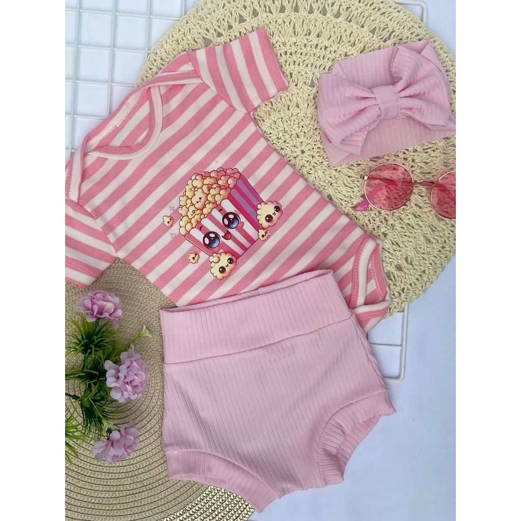 Kit 3 Peças Short Tapa Fraldas + Body + Tiara - Conjunto Infantil Confortável e Estiloso- PIPOCA