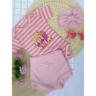 Kit 3 Peças Short Tapa Fraldas + Body + Tiara - Conjunto Infantil Confortável e Estiloso- PIPOCA