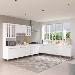 Cozinha Modulada Completa Fidelitá Viena 7 Peças 600cm 16 Portas 6 Gavetas Com Tampo Branco
