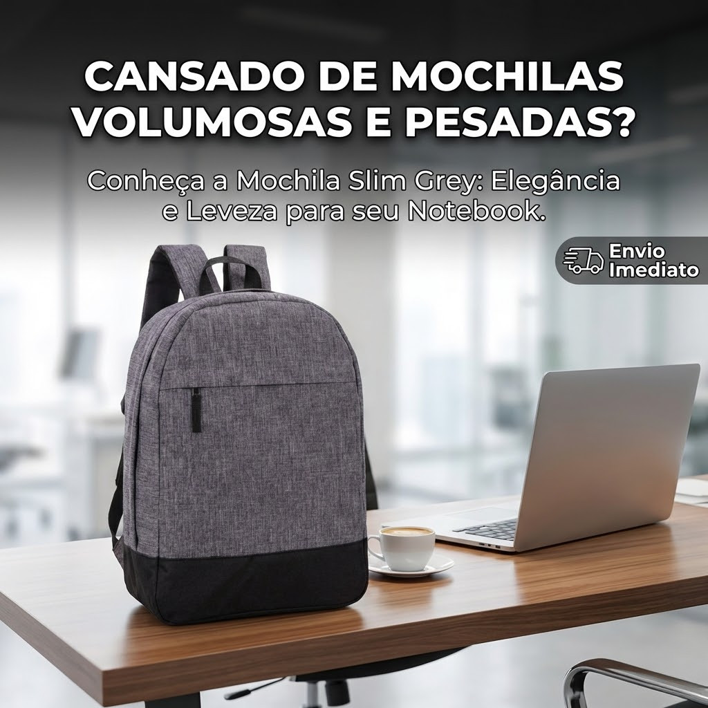 Mochila para Notebook Slim Grey Cinza Executiva Trabalho Faculdade Poliéster Resistente